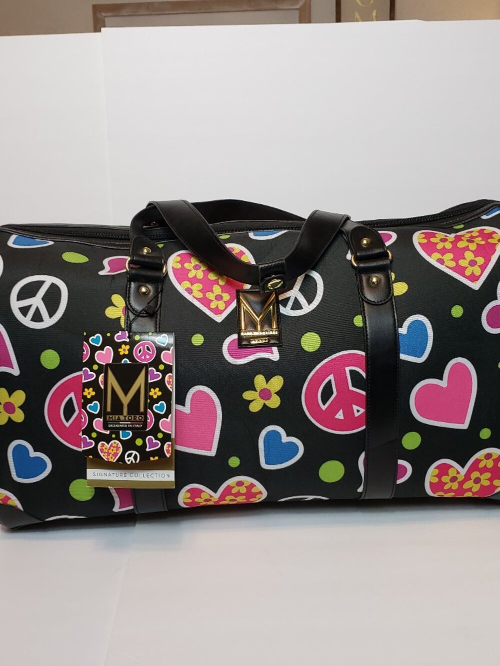 MIA TORO LUGGAGE Graphic Duffel Travel Love Peace XO Hard Canvas Leather New